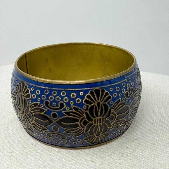 Vintage Enamel Cloisonne‎ Wide Bangle Bracelet Floral Brass Black Blue Boho Art - Picture 5 of 9